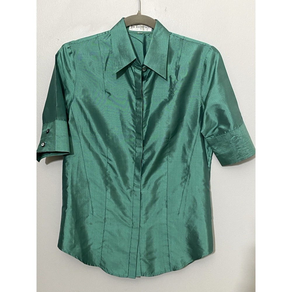 Jim Thompson Silk Blouse Women Emerald Green Button Up Timeless Elegance Size 6